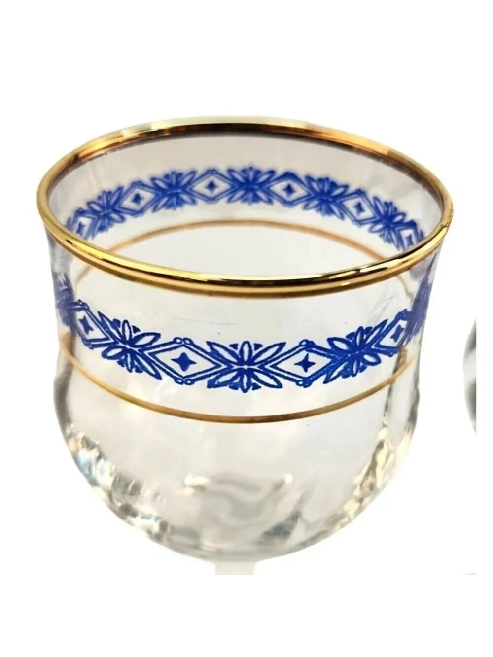 Steamed Wine Glasses Blue Floral Diamond & Gold Rim Design, Swirl Glass